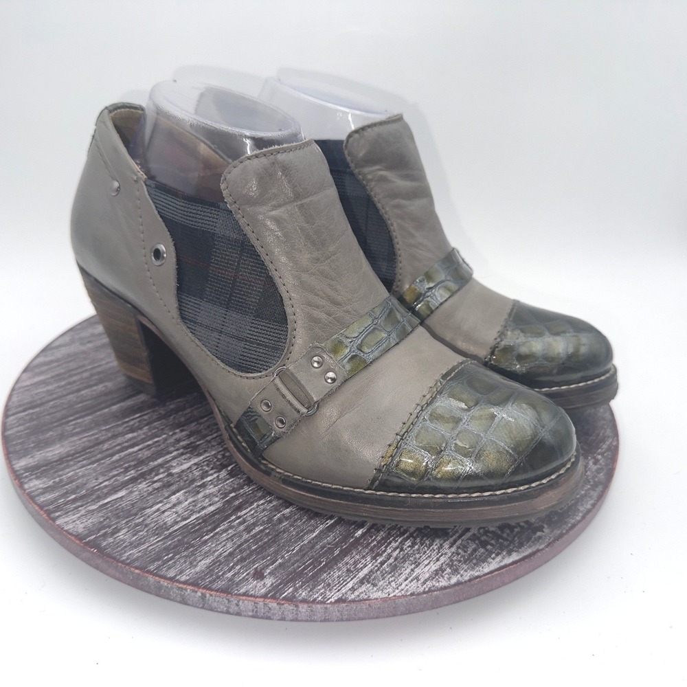Dromedaris Boots Women 41 US 10-10.5 Leather Croc Embossed Plaid Cap‎ Toe Ankle
